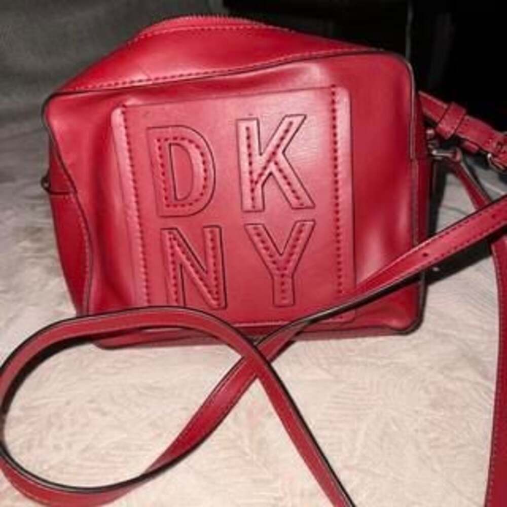 DKNY Red Leather Crossbody Bag, Embossed Logo